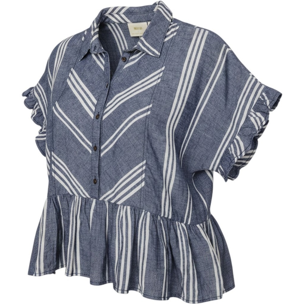 Maeve Anthropologie Allison Flounced Buttondown Top Blue White Striped Small